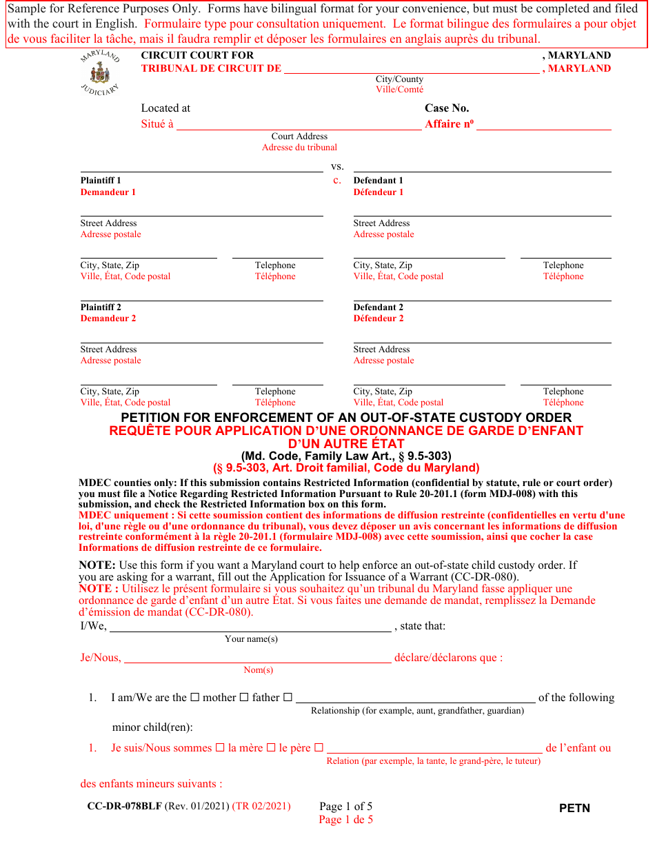 Form CC-DR-078BLF Petition for Enforcement of an Out-of-State Custody Order - Maryland (English / French), Page 1