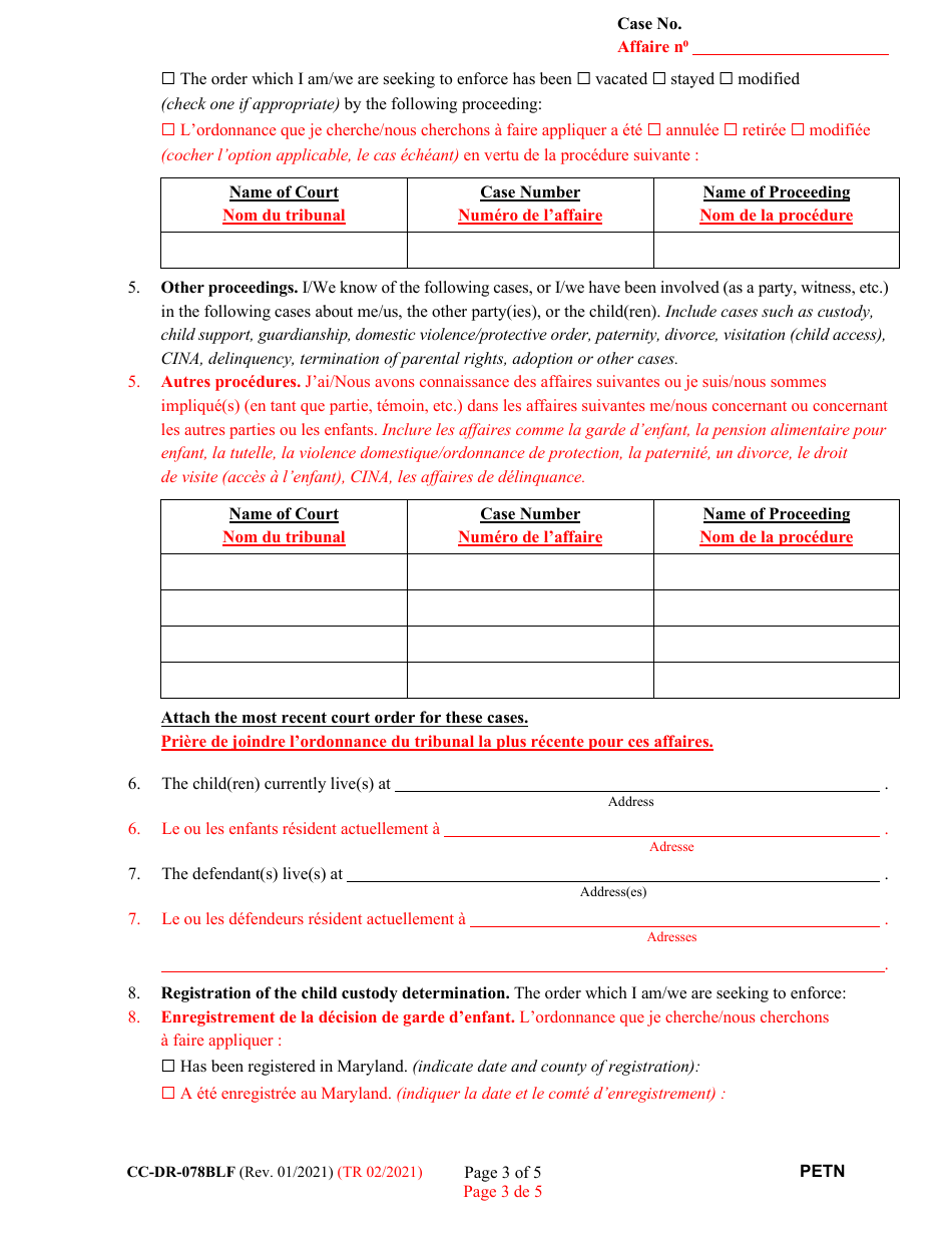 Form CC-DR-078BLF Petition for Enforcement of an Out-of-State Custody Order - Maryland (English / French), Page 3