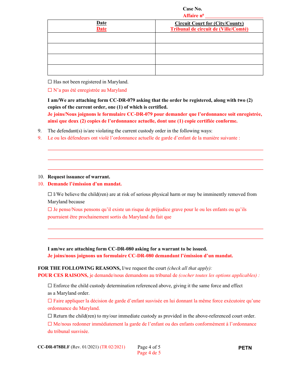 Form CC-DR-078BLF Petition for Enforcement of an Out-of-State Custody Order - Maryland (English / French), Page 4