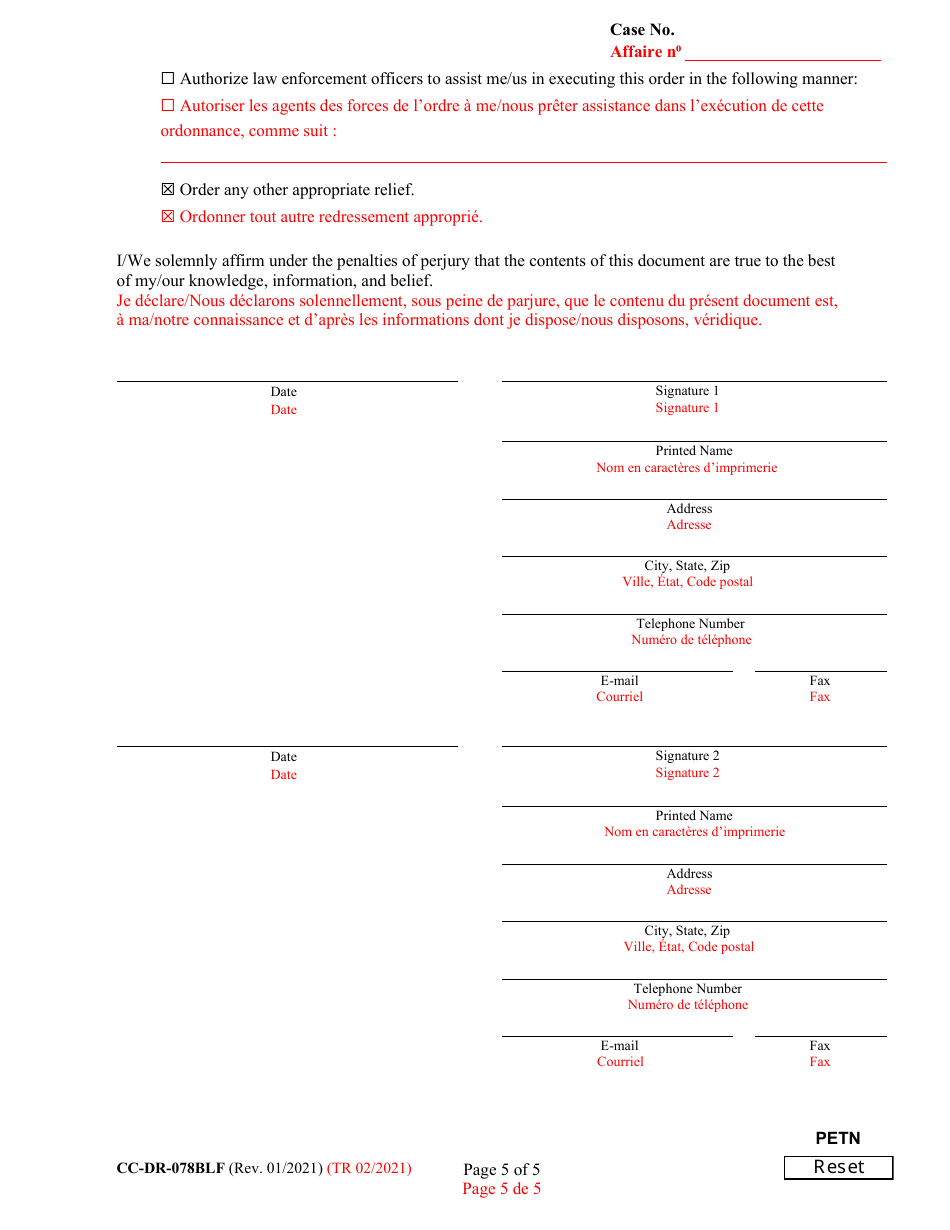 Form CC-DR-078BLF Petition for Enforcement of an Out-of-State Custody Order - Maryland (English / French), Page 5