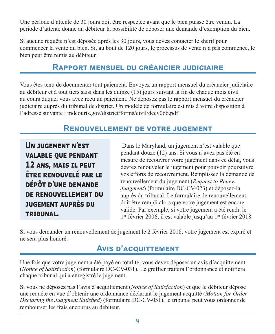 Form DC-CV-060BRFR Post-judgment Collection Brochure - Maryland (French), Page 13
