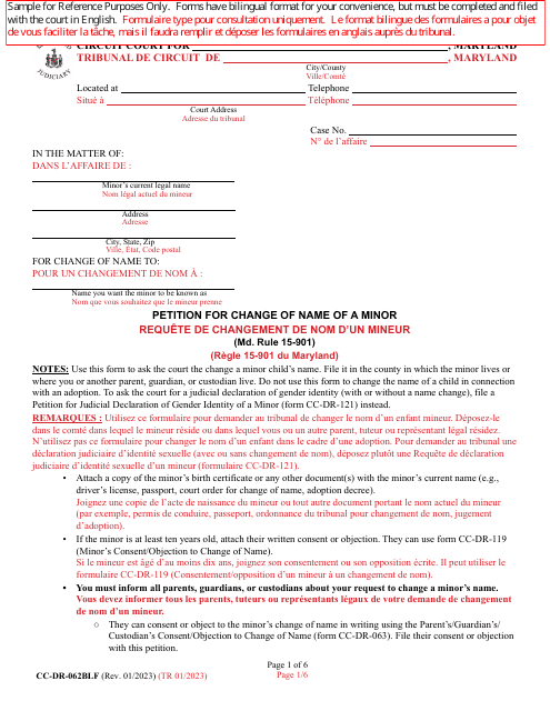 Form CC-DR-062BLF Petition for Change of Name of a Minor - Maryland (English/French)