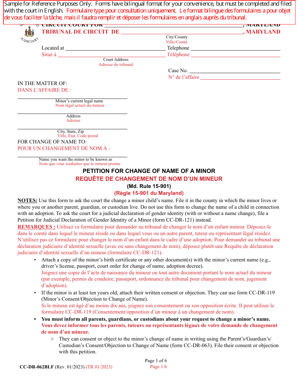 Form CC-DR-062BLF Petition for Change of Name of a Minor - Maryland (English / French), Page 1