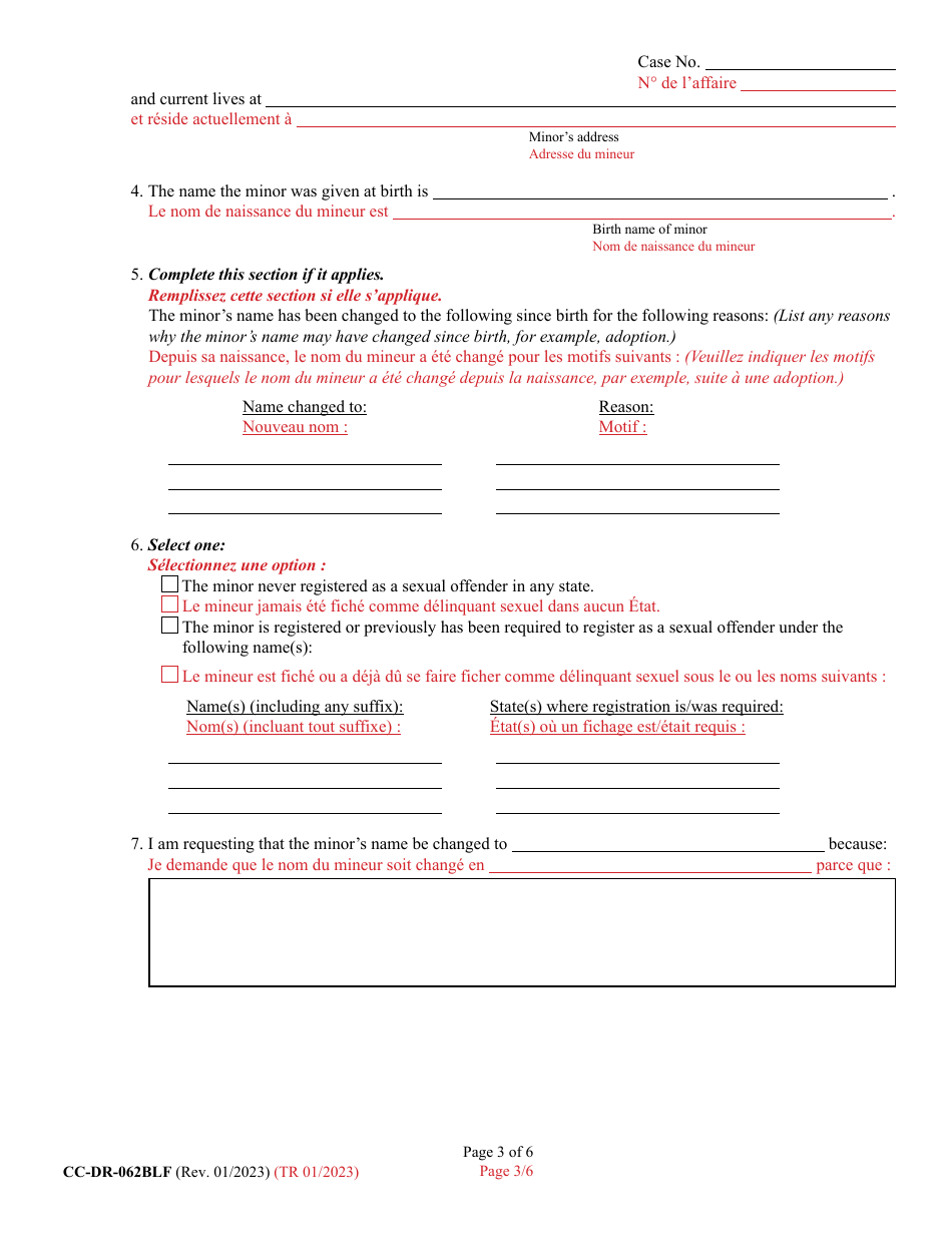 Form CC-DR-062BLF Petition for Change of Name of a Minor - Maryland (English / French), Page 3