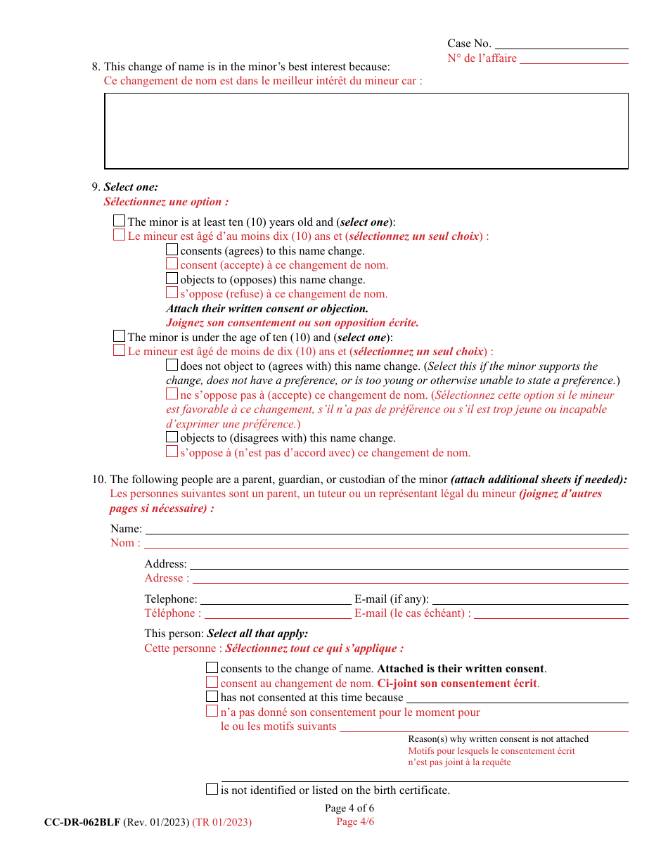 Form CC-DR-062BLF Petition for Change of Name of a Minor - Maryland (English / French), Page 4