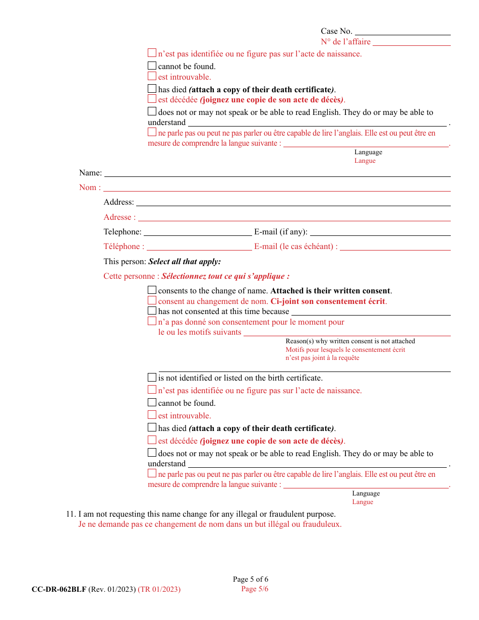 Form CC-DR-062BLF Petition for Change of Name of a Minor - Maryland (English / French), Page 5