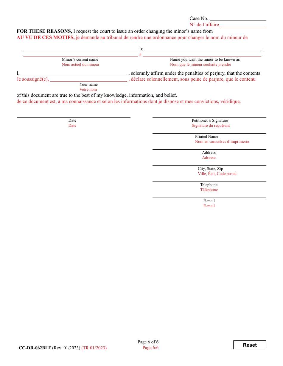 Form CC-DR-062BLF Petition for Change of Name of a Minor - Maryland (English / French), Page 6