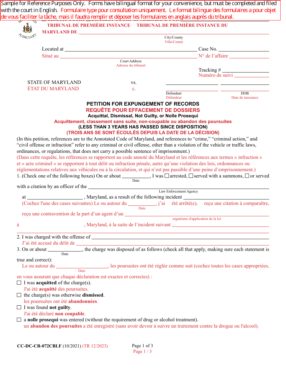 Form CC-DC-CR-072CBLF Petition for Expungement of Records - Acquittal, Dismissal, Not Guilty, or Nolle Prosequi (Less Than 3 Years Has Passed Since Disposition) - Maryland (English / French), Page 1