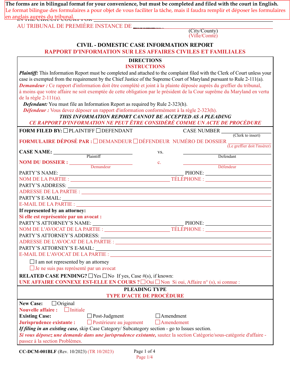 Form CC-DCM-001BLF Civil - Domestic Case Information Report - Maryland (English / French), Page 1