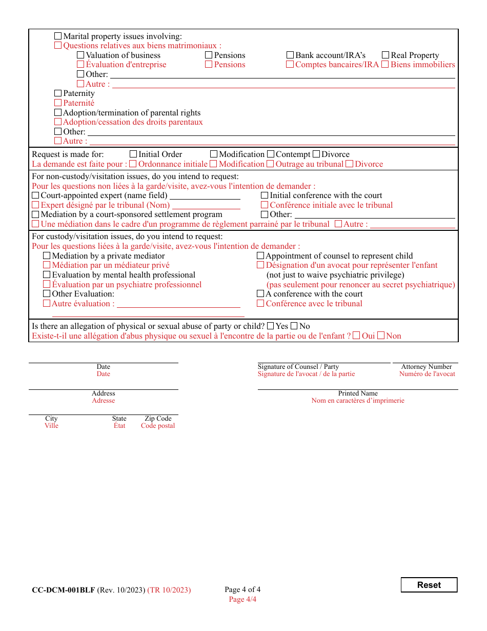 Form CC-DCM-001BLF Civil - Domestic Case Information Report - Maryland (English / French), Page 4