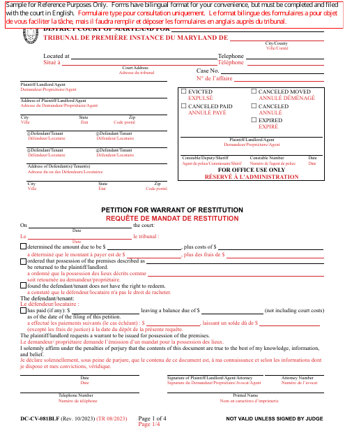Form DC-CV-081BLF Petition for Warrant of Restitution - Maryland (English/French)