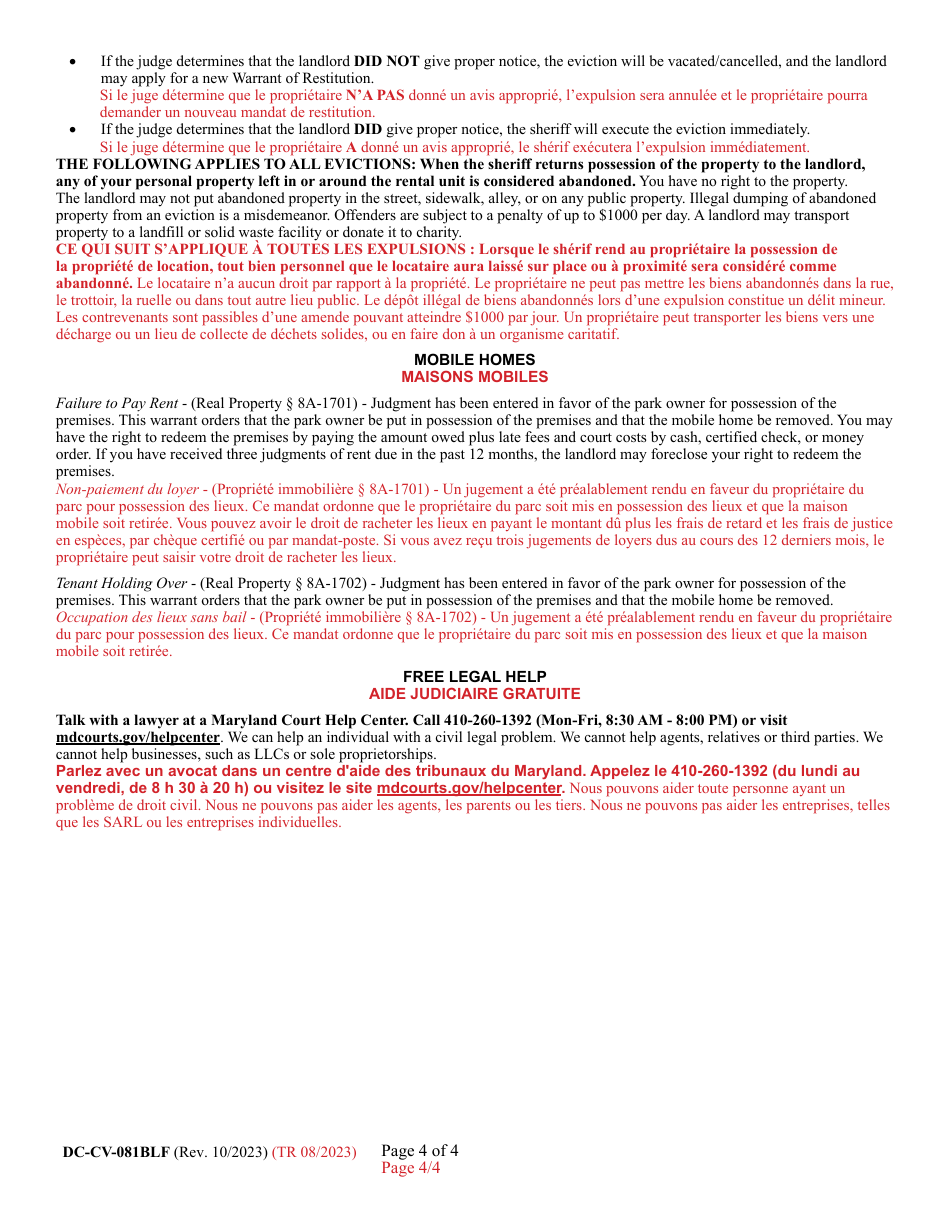 Form DC-CV-081BLF Petition for Warrant of Restitution - Maryland (English / French), Page 4
