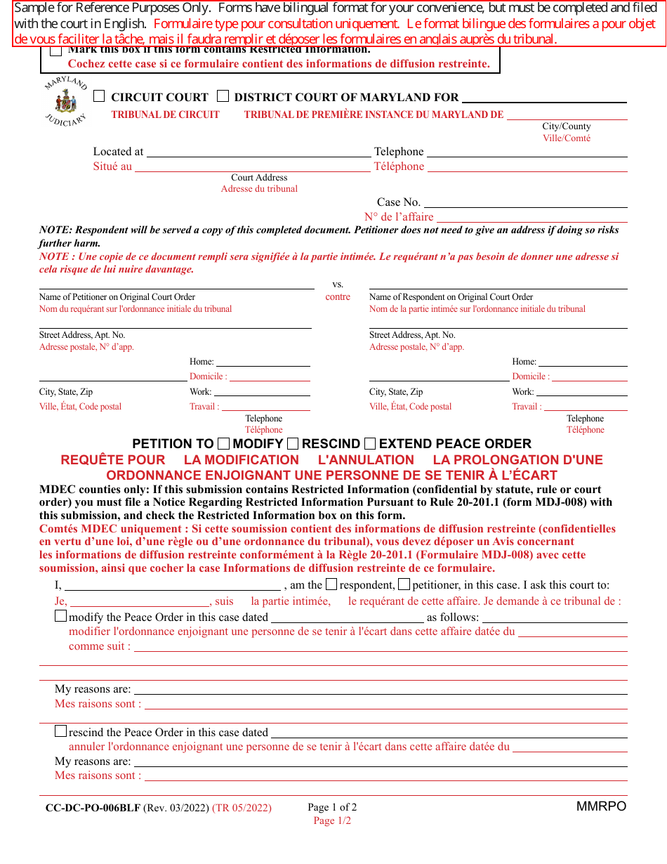 Form CC-DC-PO-006BLF Petition to Modify / Rescind / Extend Peace Order - Maryland (English / French), Page 1
