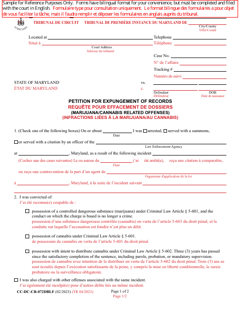 Form CC-DC-CR-072DBLF Petition for Expungement of Records (Marijuana/Cannabis Related Offenses) - Maryland (English/French)