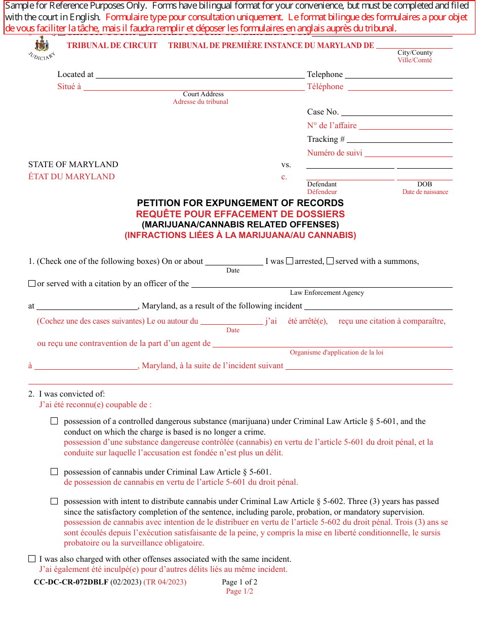 Form CC-DC-CR-072DBLF Petition for Expungement of Records (Marijuana / Cannabis Related Offenses) - Maryland (English / French), Page 1