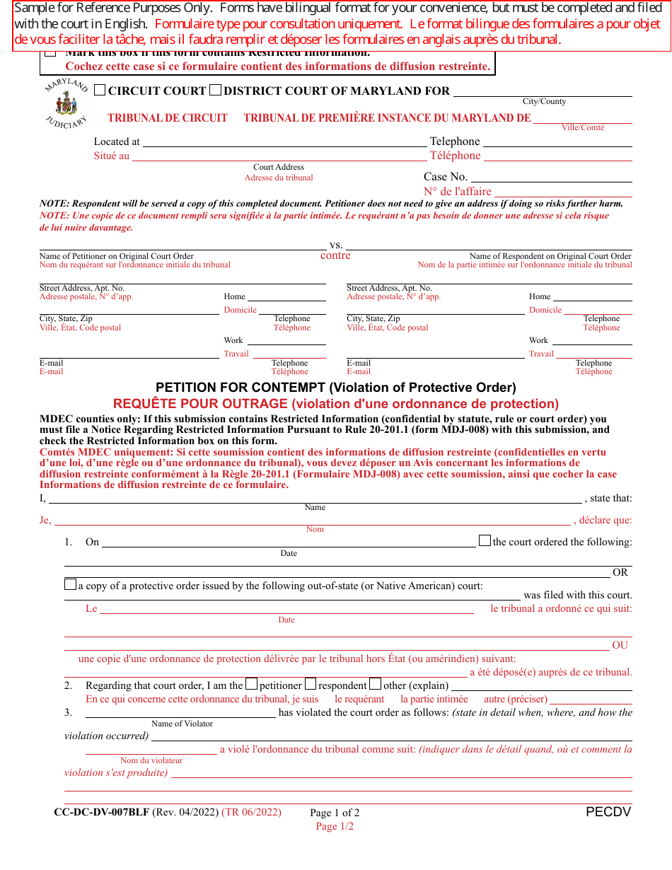 Form CC-DC-DV-007BLF Petition for Contempt (Violation of Protective Order) - Maryland (English / French), Page 1