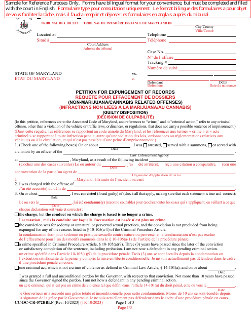 Form CC-DC-CR-072BBLF Petition for Expungement of Records (Non-marijuana/Cannabis Related Offenses) - Maryland (English/French)