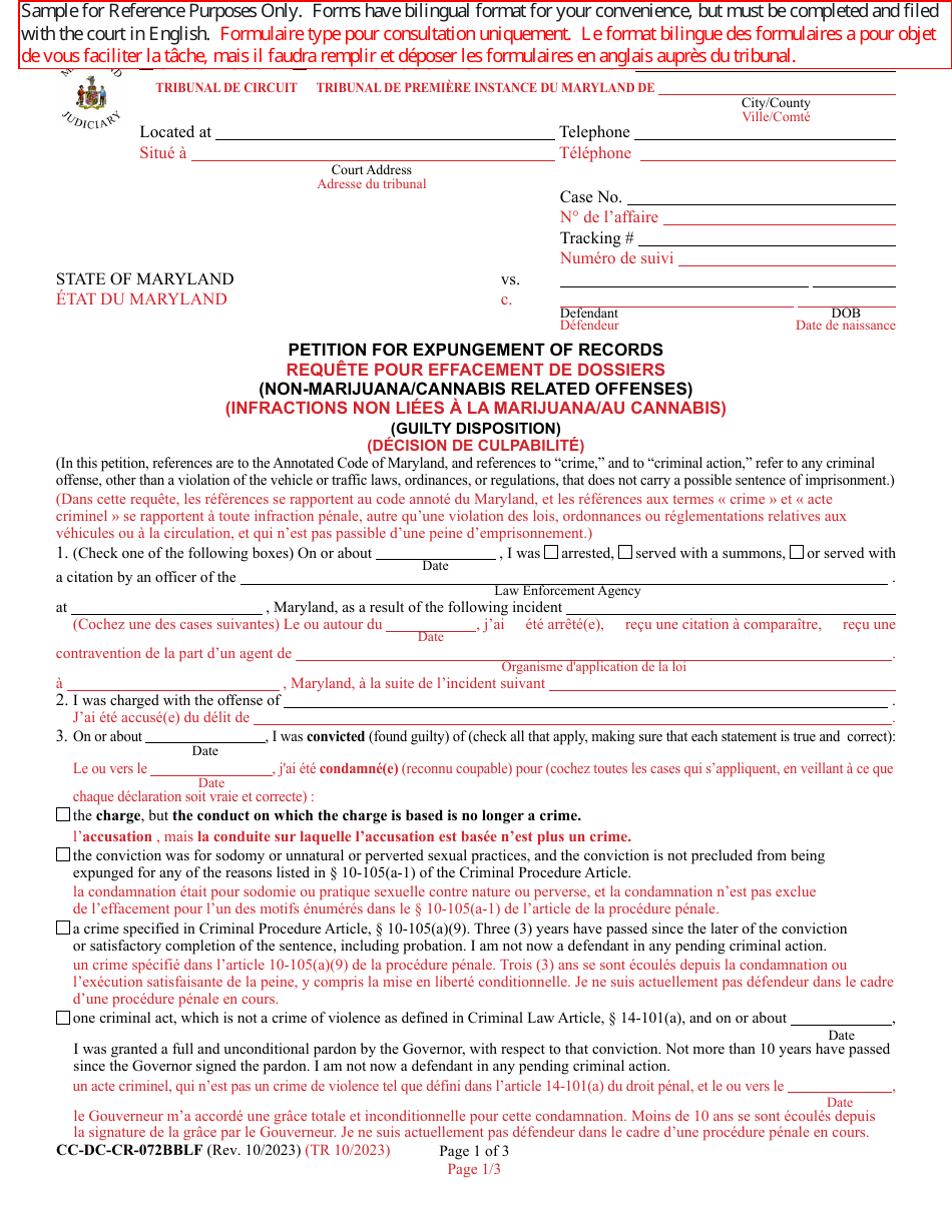 Form CC-DC-CR-072BBLF Petition for Expungement of Records (Non-marijuana / Cannabis Related Offenses) - Maryland (English / French), Page 1