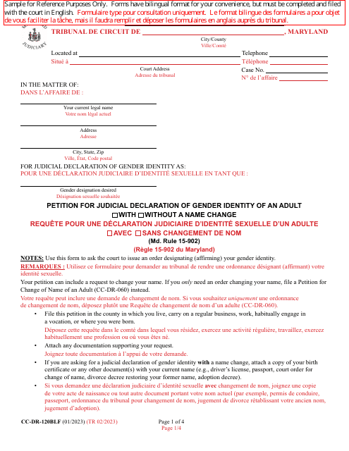 Form CC-DR-120BLF Petition for Judicial Declaration of Gender Identity of an Adult - Maryland (English/French)
