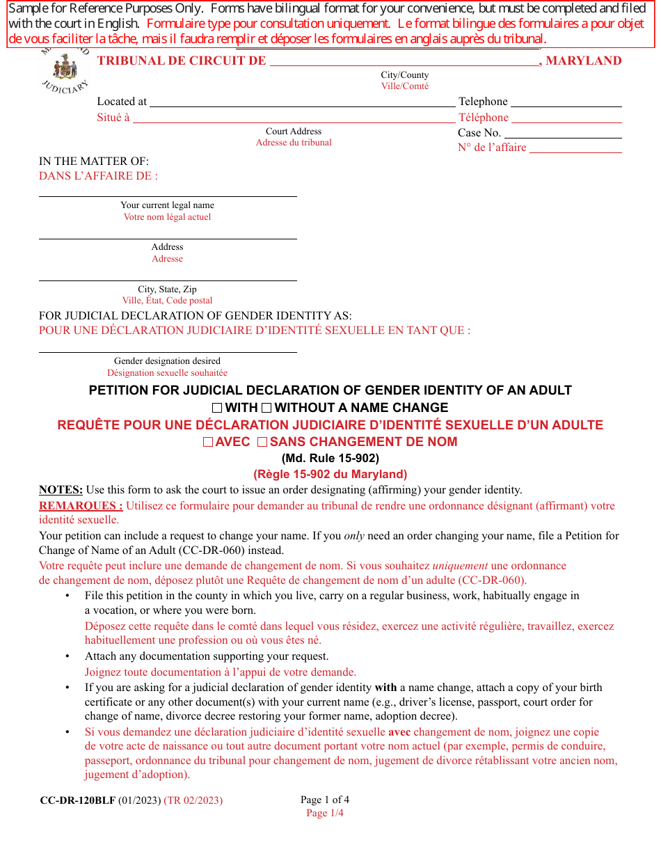 Form CC-DR-120BLF Petition for Judicial Declaration of Gender Identity of an Adult - Maryland (English / French), Page 1