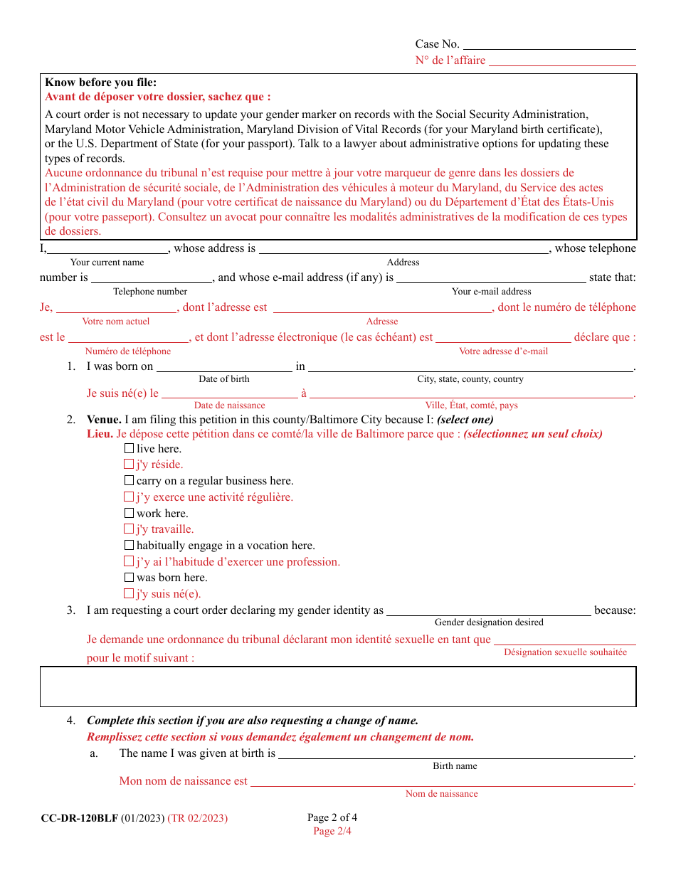 Form CC-DR-120BLF Petition for Judicial Declaration of Gender Identity of an Adult - Maryland (English / French), Page 2