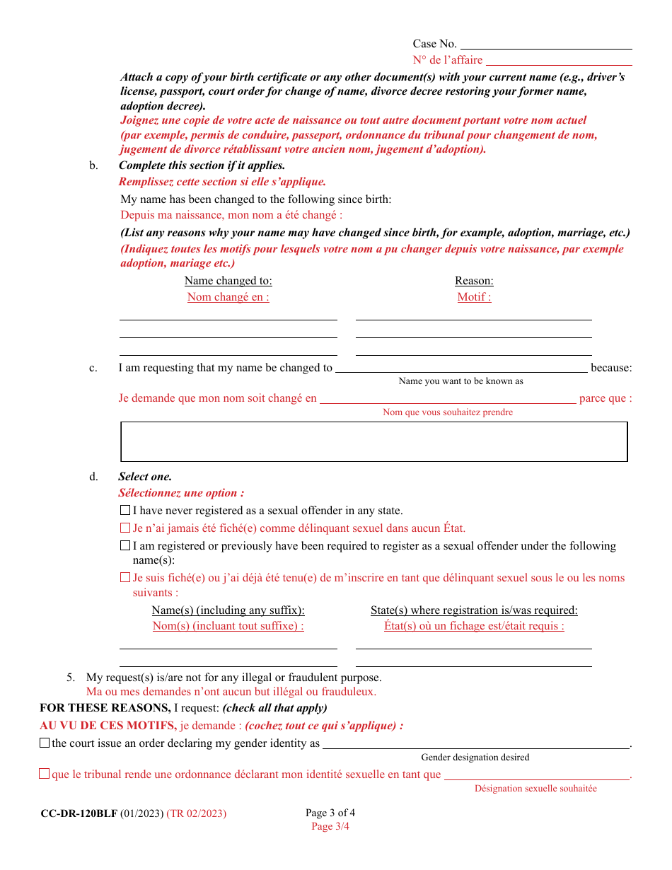Form CC-DR-120BLF Petition for Judicial Declaration of Gender Identity of an Adult - Maryland (English / French), Page 3