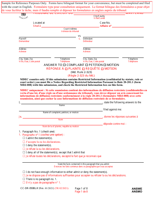Form CC-DR-050BLF Answer to Complaint/Petition/Motion - Maryland (English/French)