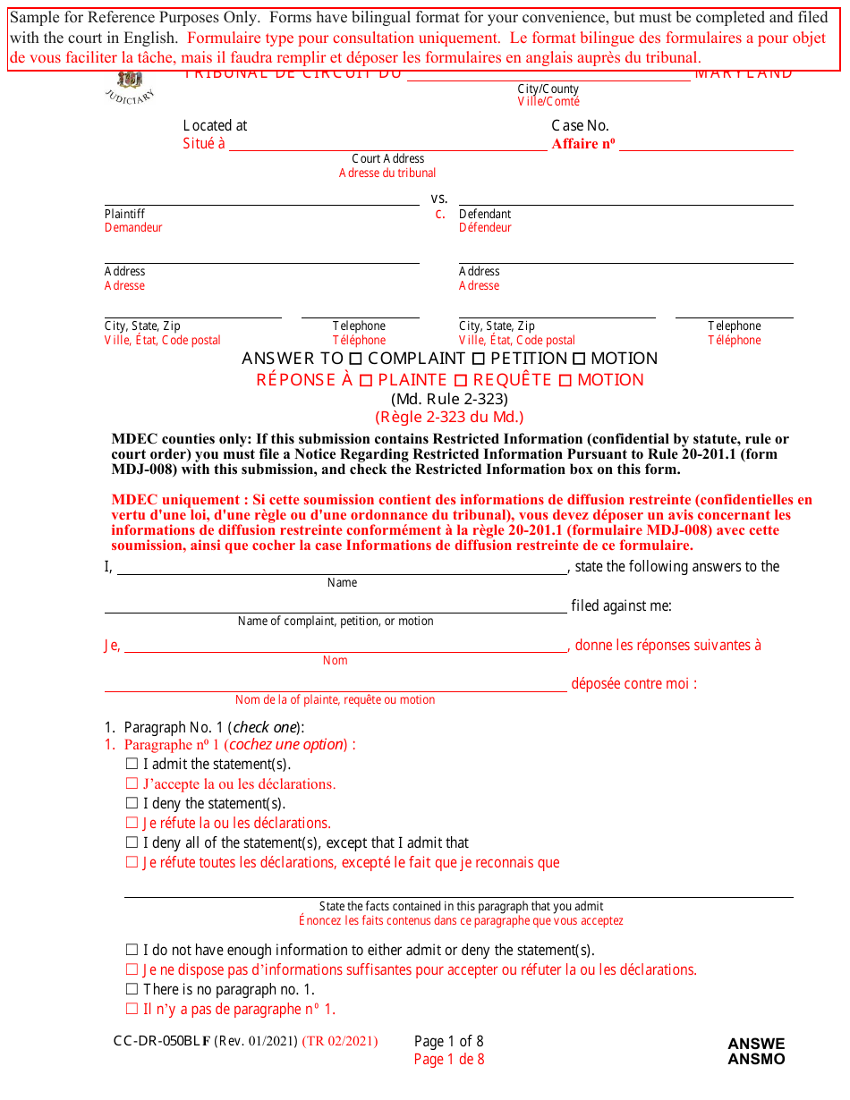 Form CC-DR-050BLF Answer to Complaint / Petition / Motion - Maryland (English / French), Page 1
