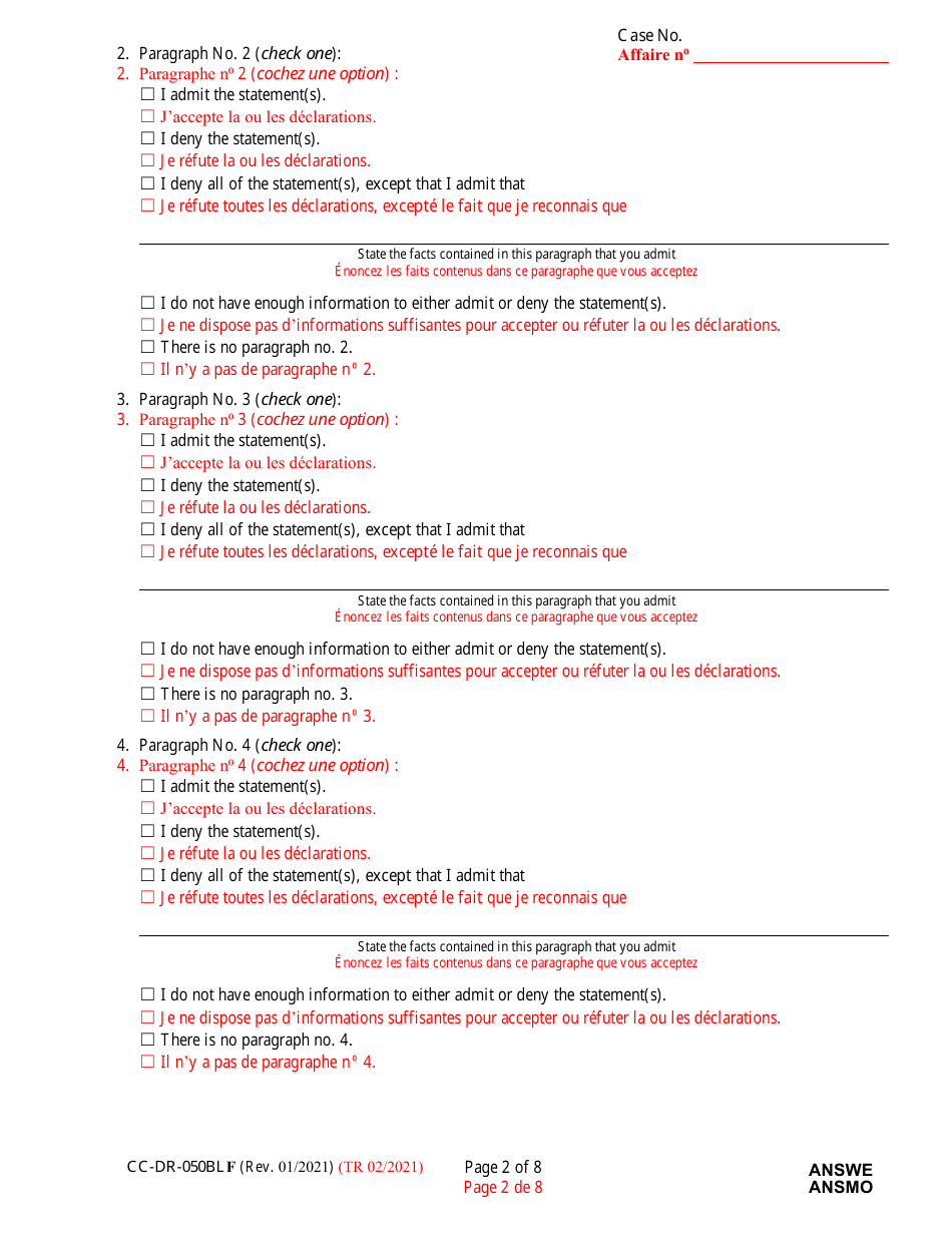 Form CC-DR-050BLF Answer to Complaint / Petition / Motion - Maryland (English / French), Page 2