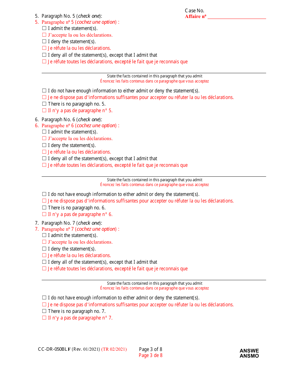 Form CC-DR-050BLF Answer to Complaint / Petition / Motion - Maryland (English / French), Page 3