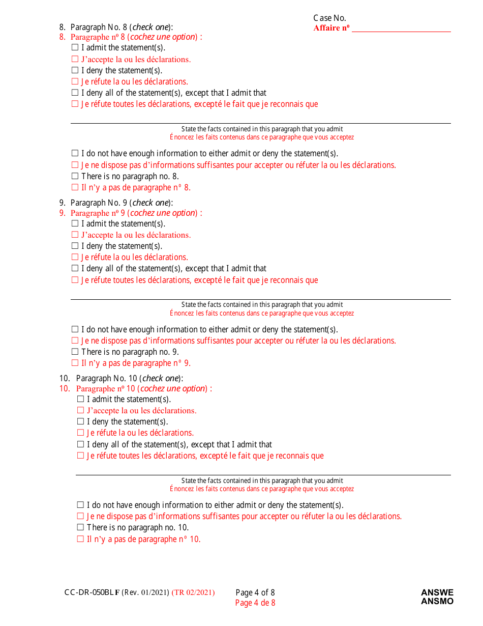 Form CC-DR-050BLF Answer to Complaint / Petition / Motion - Maryland (English / French), Page 4