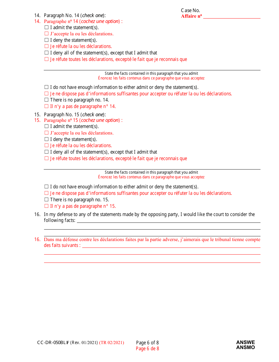 Form CC-DR-050BLF Answer to Complaint / Petition / Motion - Maryland (English / French), Page 6