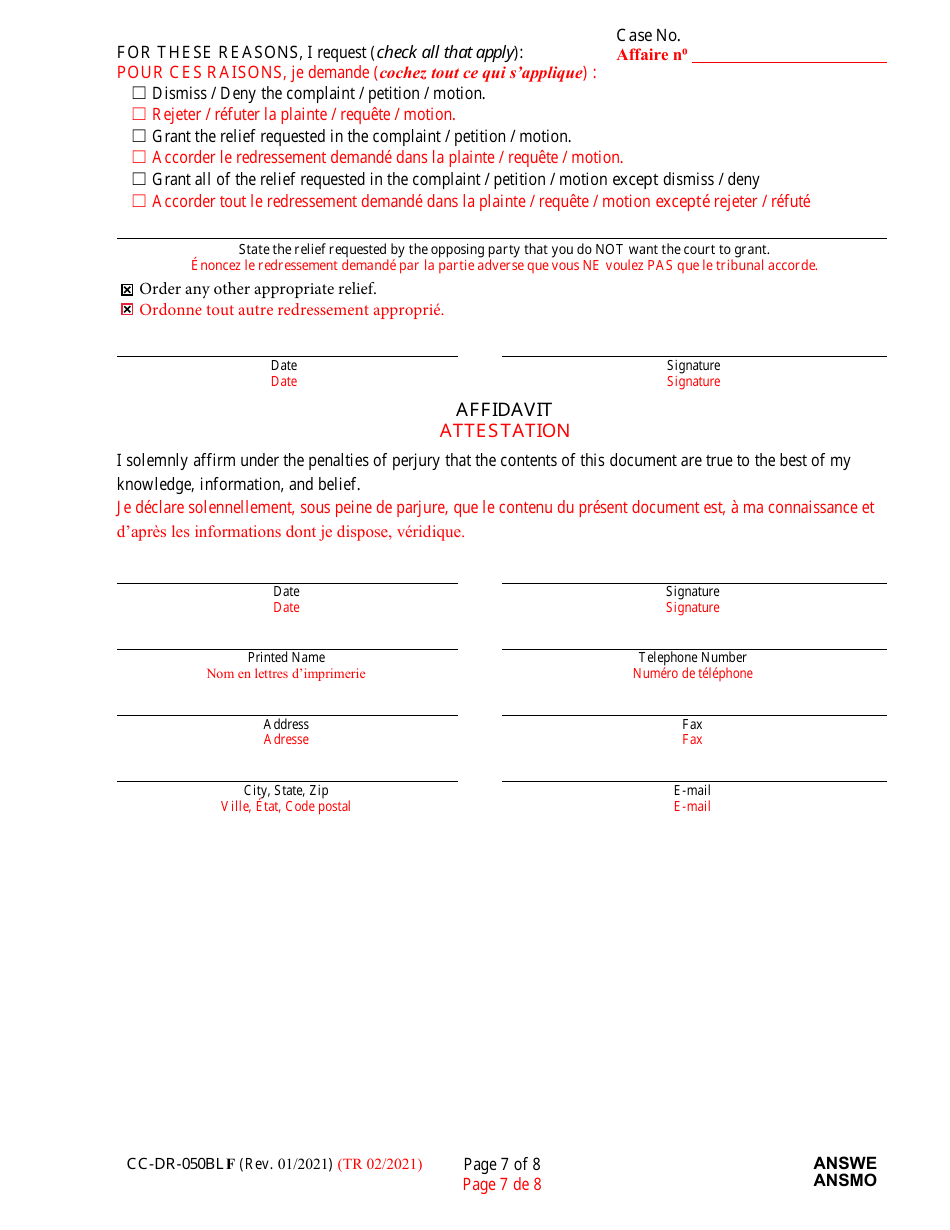 Form CC-DR-050BLF Answer to Complaint / Petition / Motion - Maryland (English / French), Page 7
