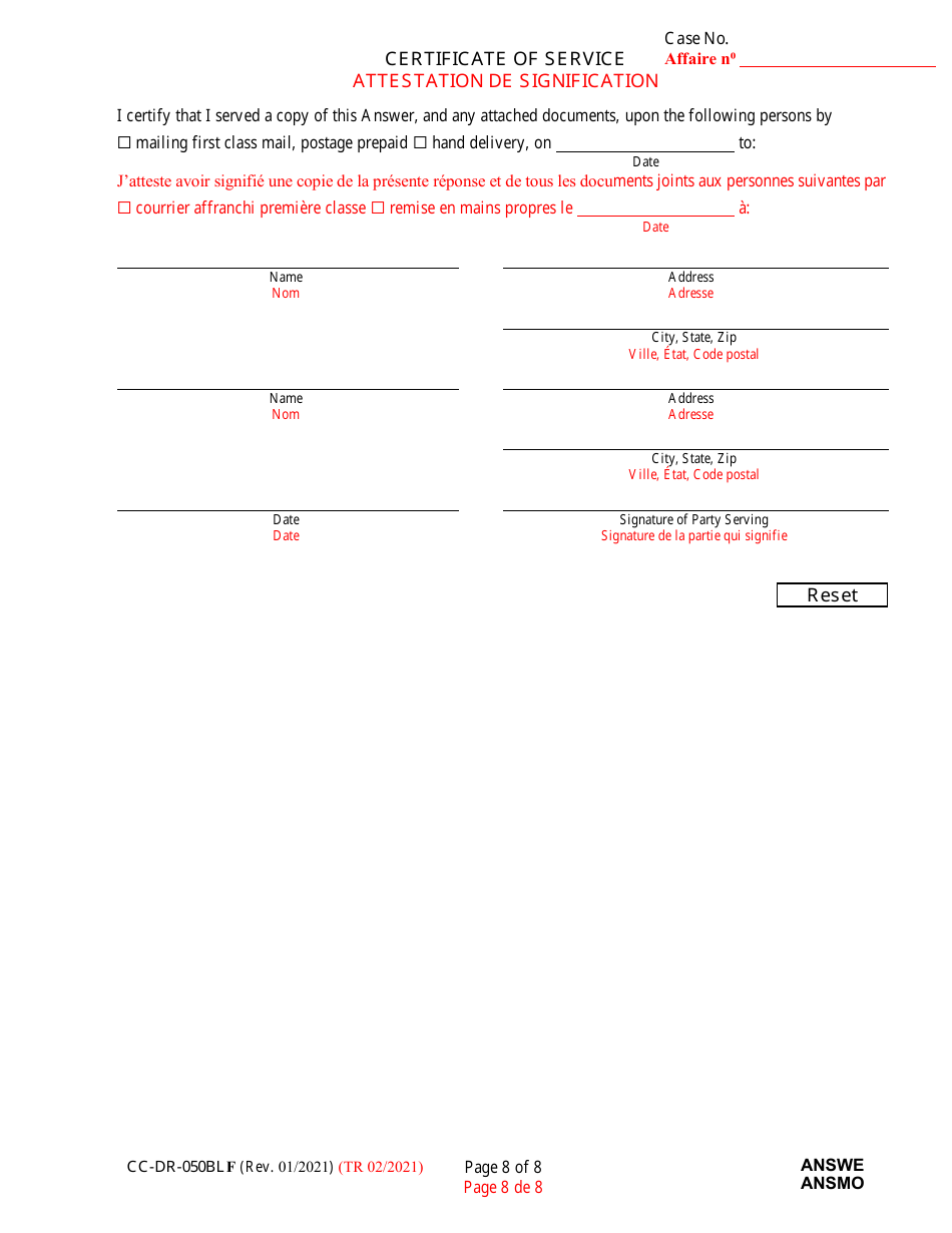Form CC-DR-050BLF Answer to Complaint / Petition / Motion - Maryland (English / French), Page 8