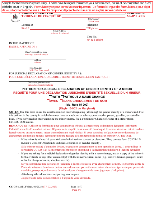 Form CC-DR-121BLF Petition for Judicial Declaration of Gender Identity of a Minor - Maryland (English/French)