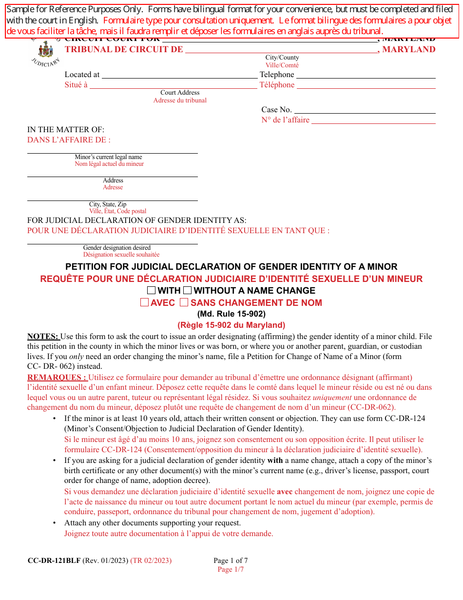 Form CC-DR-121BLF Petition for Judicial Declaration of Gender Identity of a Minor - Maryland (English / French), Page 1