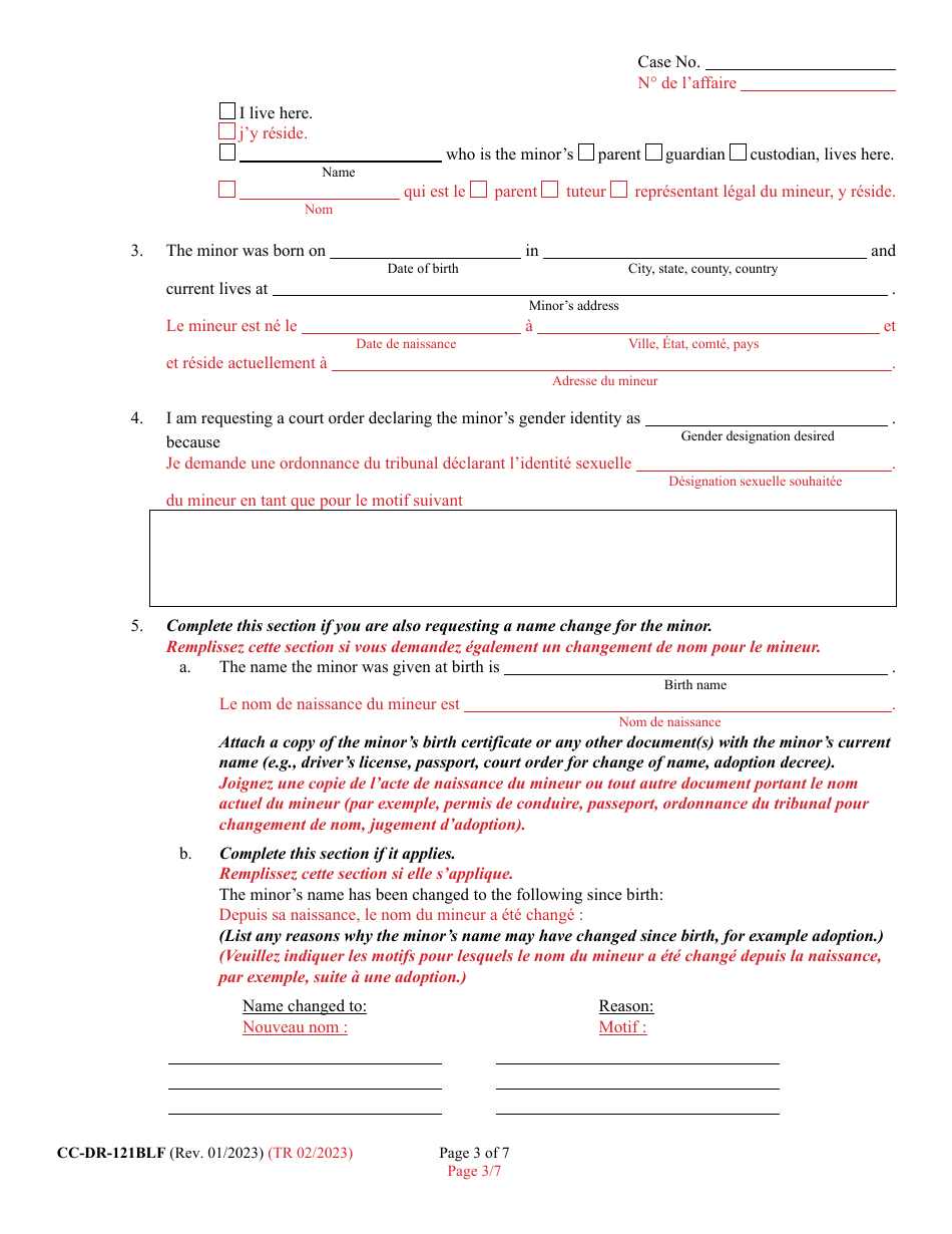 Form CC-DR-121BLF Petition for Judicial Declaration of Gender Identity of a Minor - Maryland (English / French), Page 3