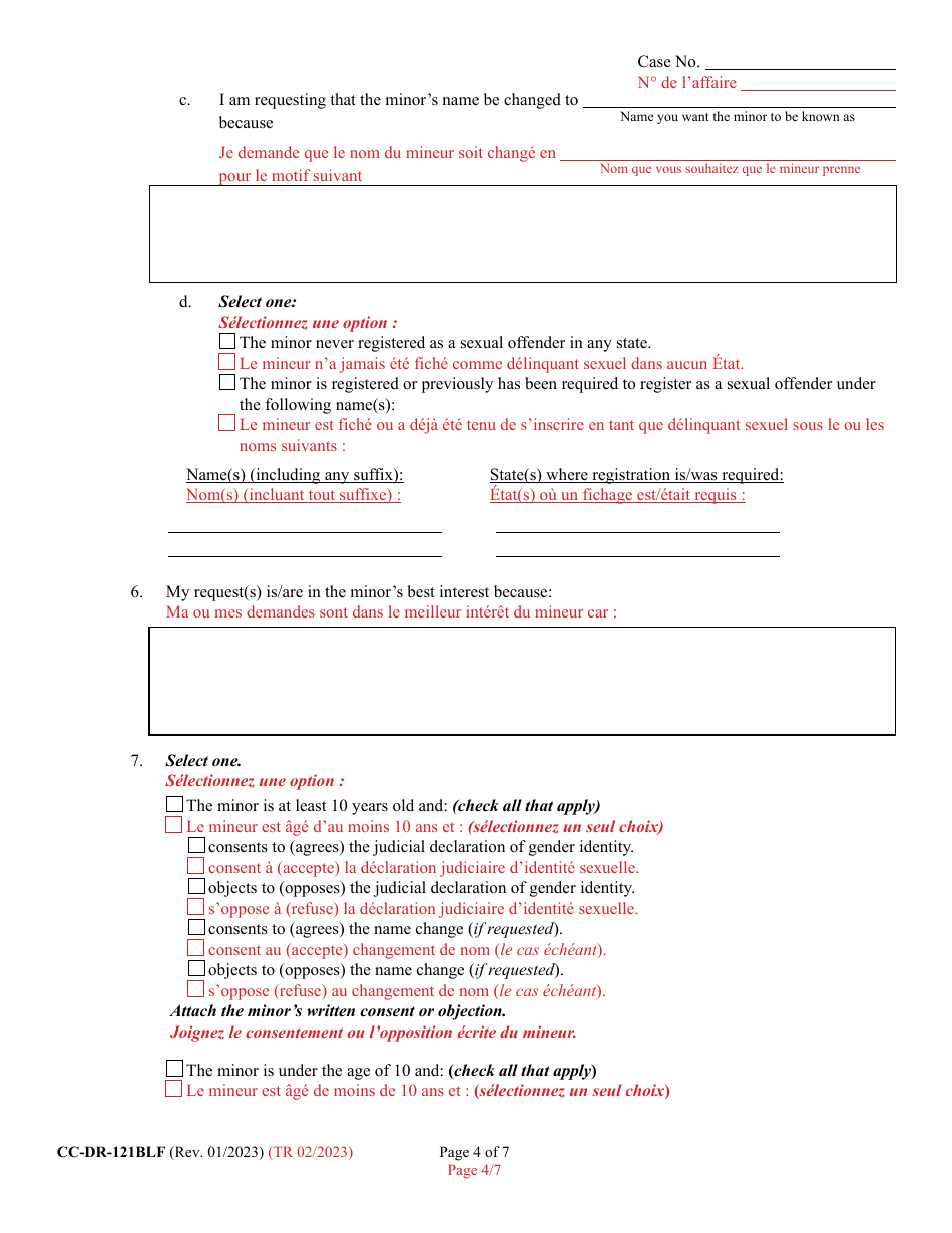 Form CC-DR-121BLF Petition for Judicial Declaration of Gender Identity of a Minor - Maryland (English / French), Page 4