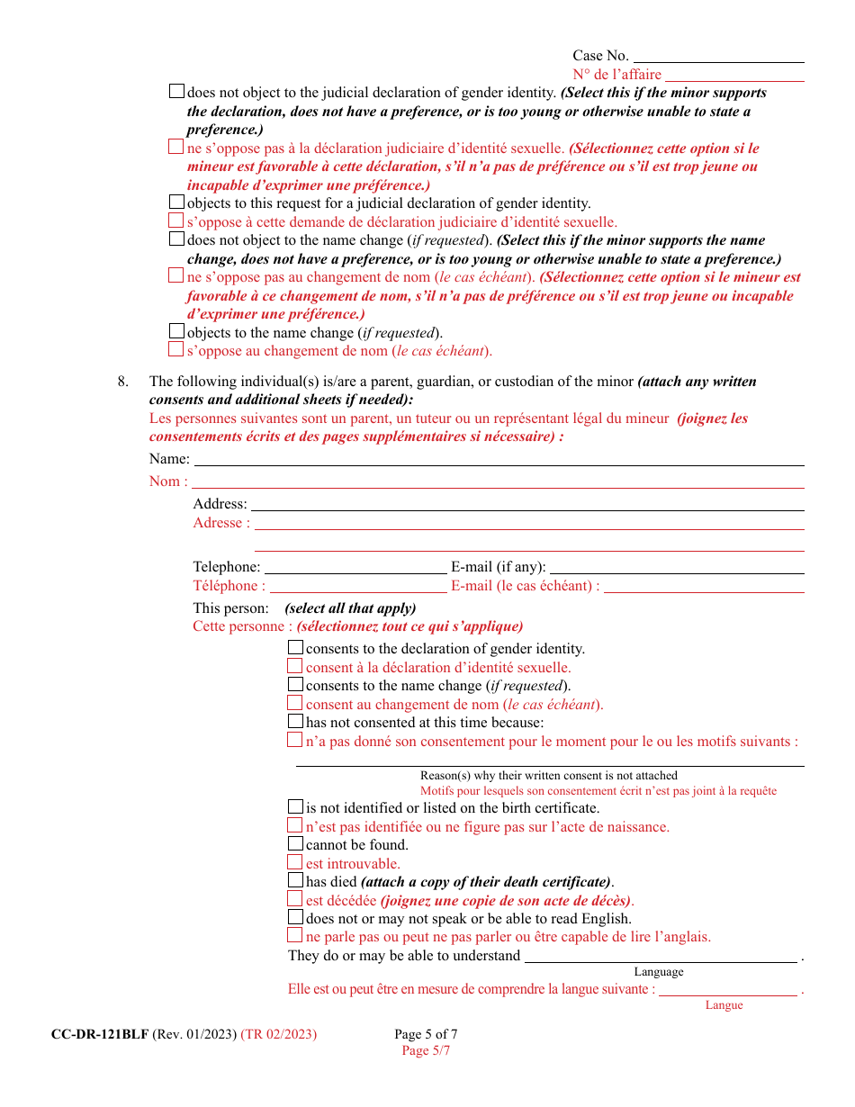 Form CC-DR-121BLF Petition for Judicial Declaration of Gender Identity of a Minor - Maryland (English / French), Page 5