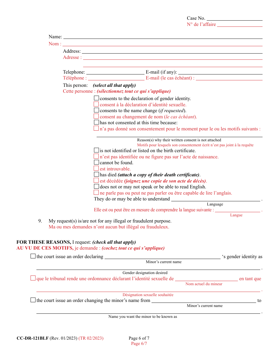 Form CC-DR-121BLF Petition for Judicial Declaration of Gender Identity of a Minor - Maryland (English / French), Page 6