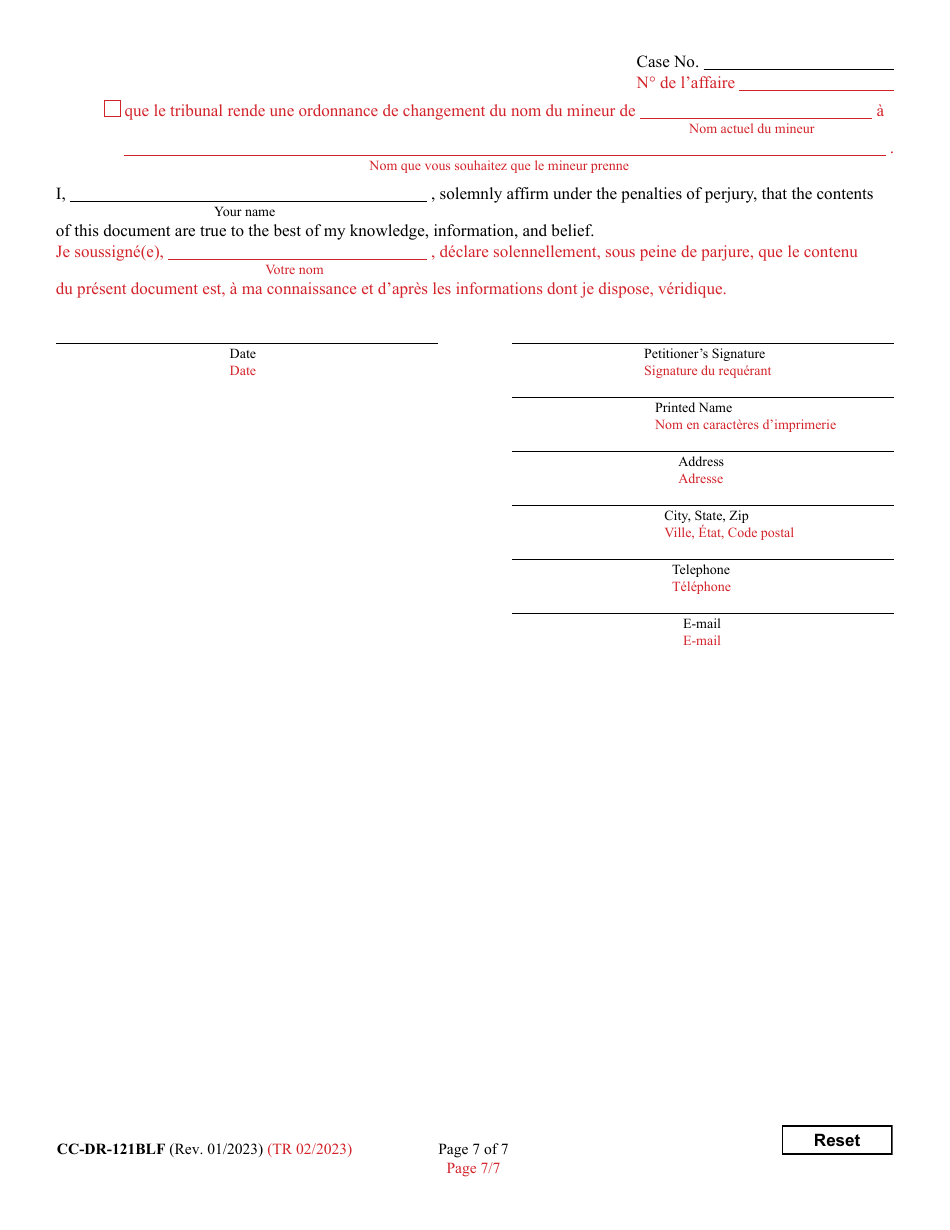 Form CC-DR-121BLF Petition for Judicial Declaration of Gender Identity of a Minor - Maryland (English / French), Page 7