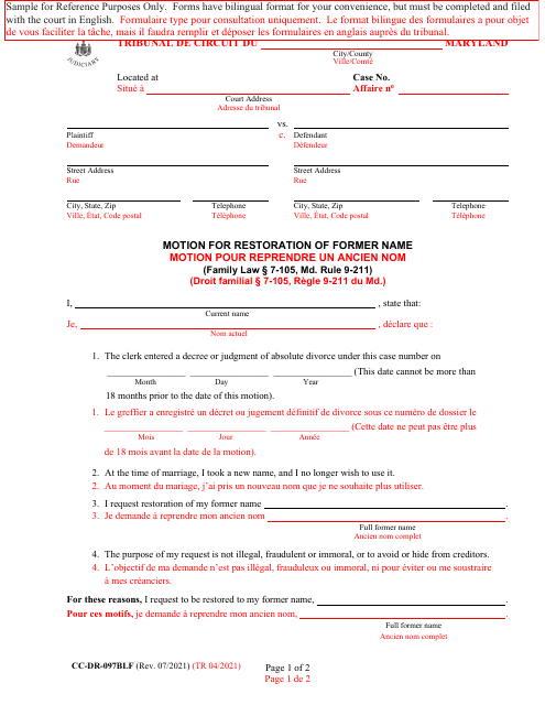 Form CC-DR-097BLF Motion for Restoration of Former Name - Maryland (English/French)