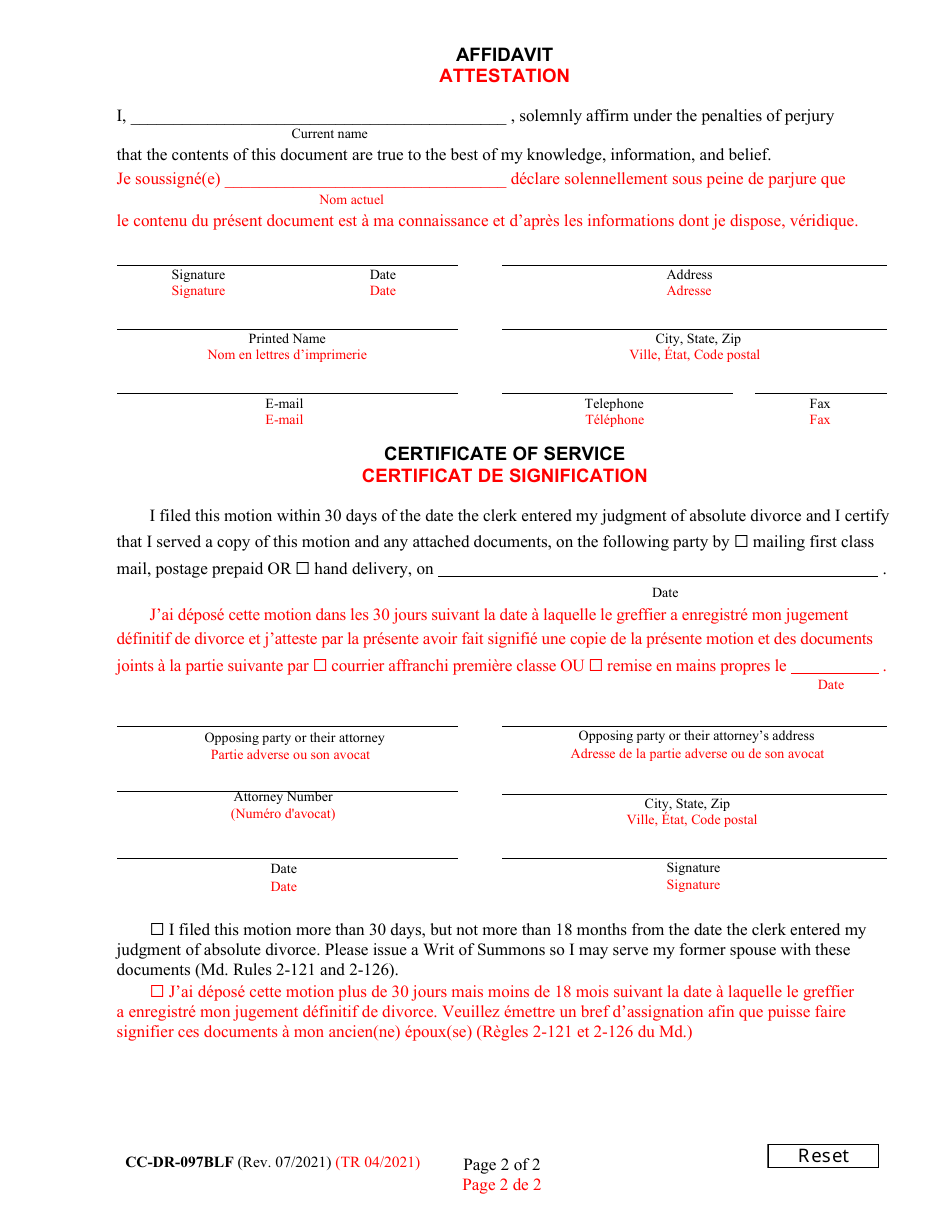 Form CC-DR-097BLF Motion for Restoration of Former Name - Maryland (English / French), Page 2