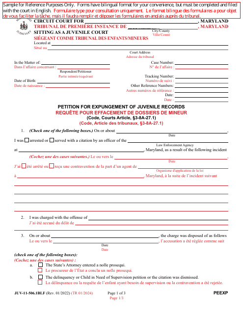 Form JUV-11-506.1BLF Petition for Expungement of Juvenile Records - Maryland (English/French)