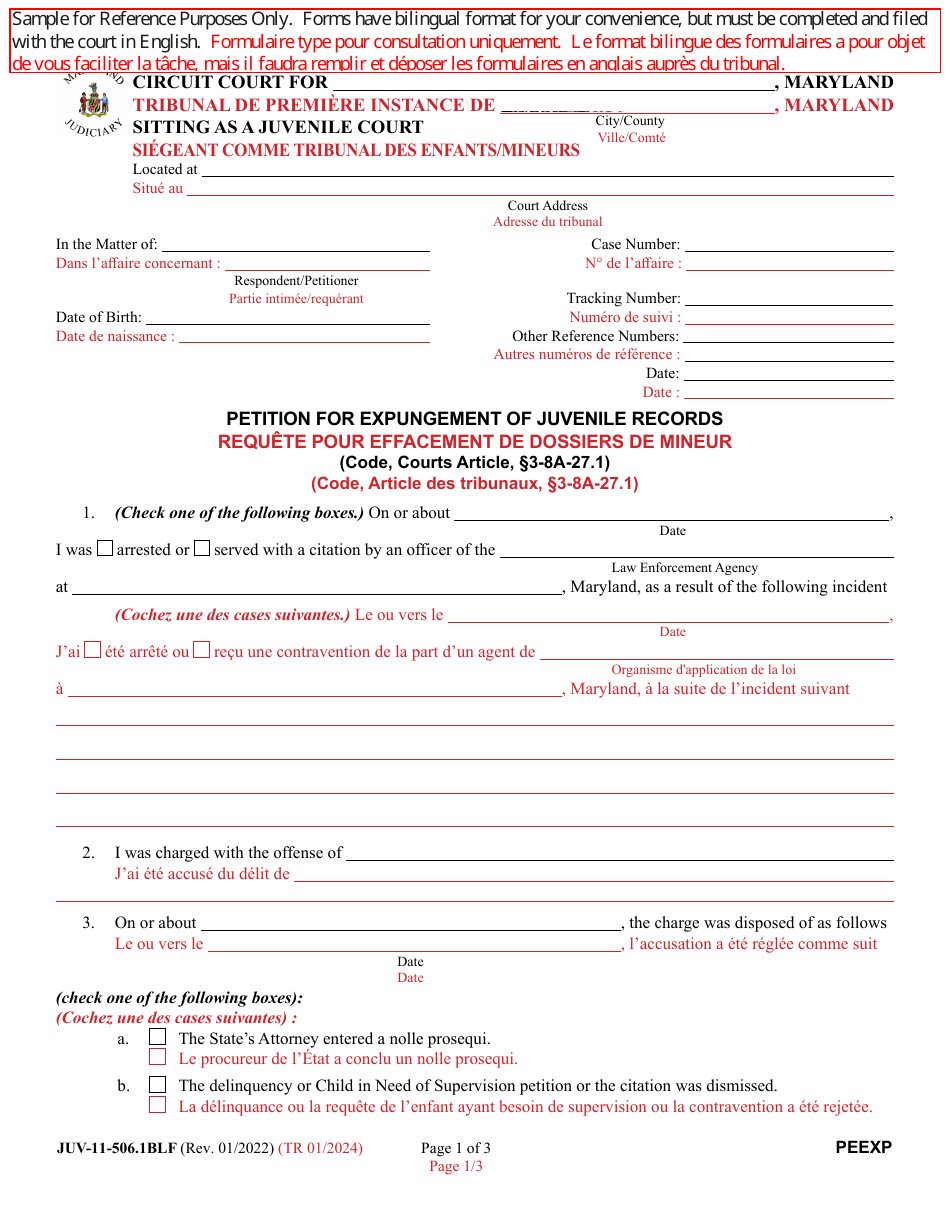 Form JUV-11-506.1BLF Petition for Expungement of Juvenile Records - Maryland (English / French), Page 1