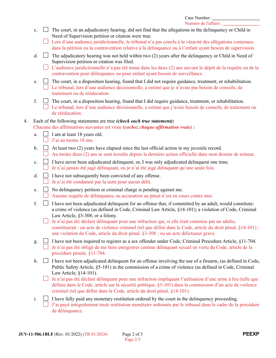 Form JUV-11-506.1BLF Petition for Expungement of Juvenile Records - Maryland (English / French), Page 2