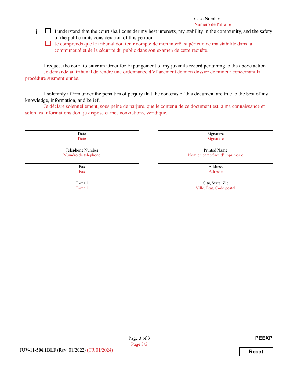 Form JUV-11-506.1BLF Petition for Expungement of Juvenile Records - Maryland (English / French), Page 3