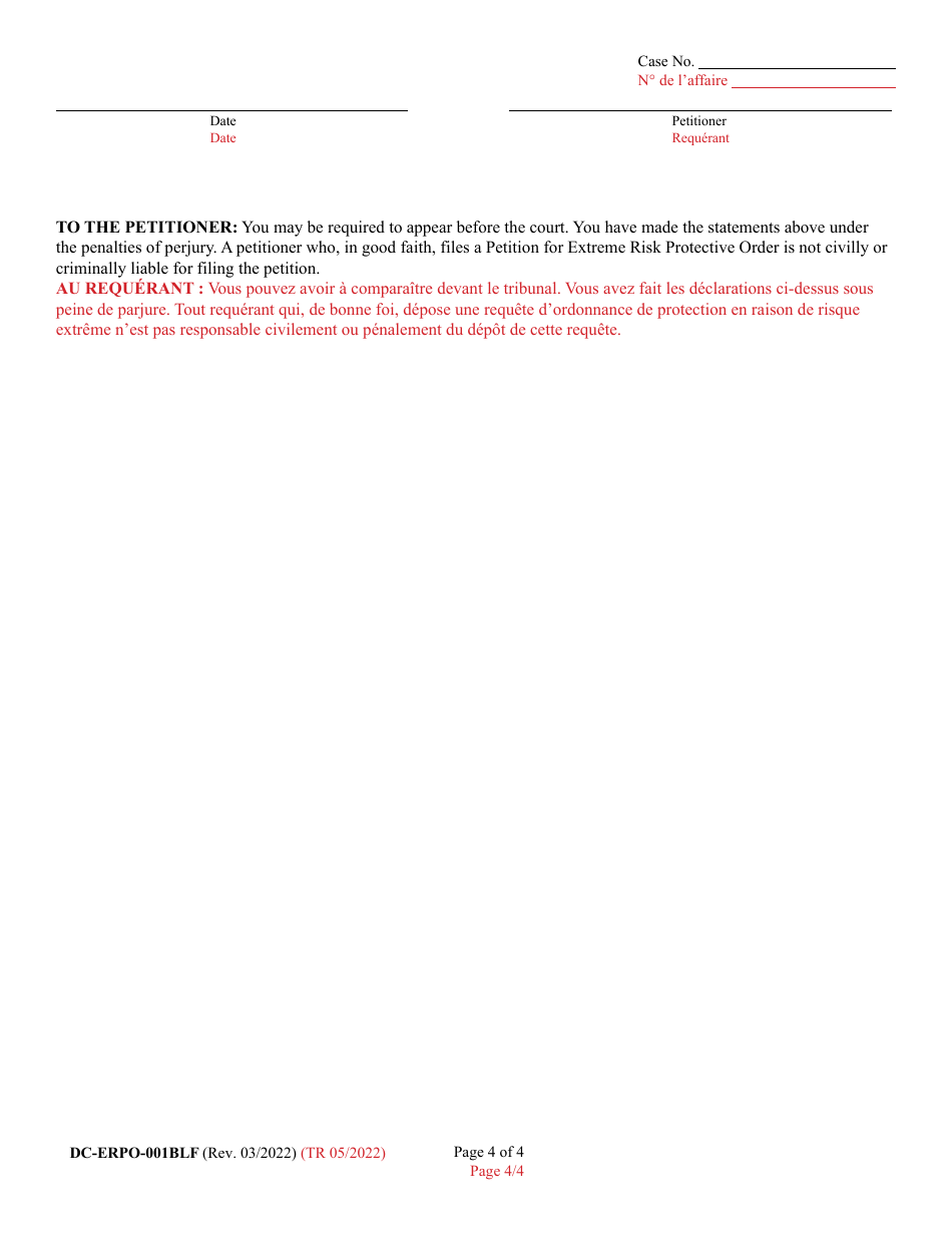 Form DC-ERPO-001BLF Petition for Extreme Risk Protective Order - Maryland (English / French), Page 4
