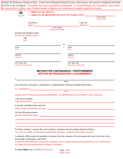 Form CC-DC-070BLF Motion for Continuance/Postponement - Maryland (English/French)