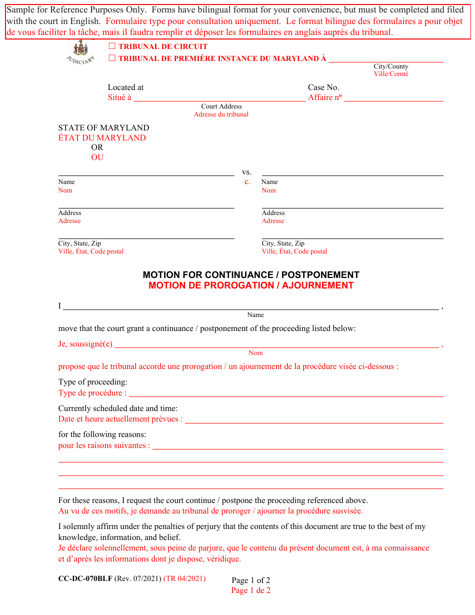 Form CC-DC-070BLF Motion for Continuance / Postponement - Maryland (English / French), Page 1